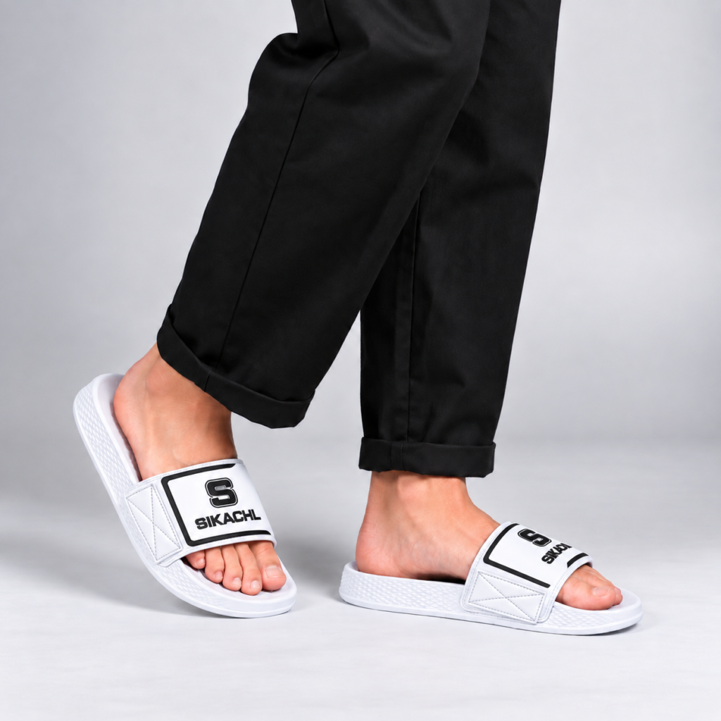 SIKACHL White Logo Slides – Cushioned Feel & Casual Style