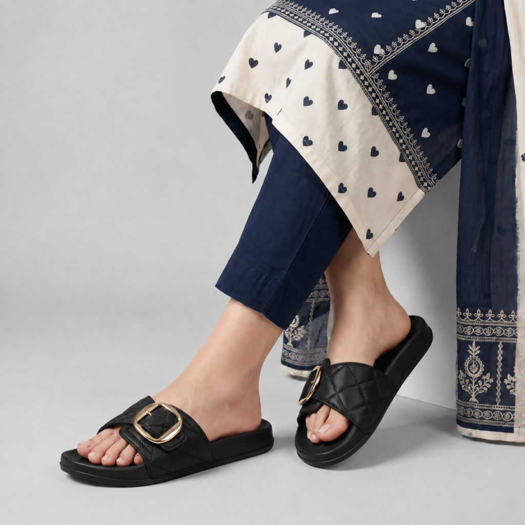 Quilted Cross-Strap Gold Buckle Slides