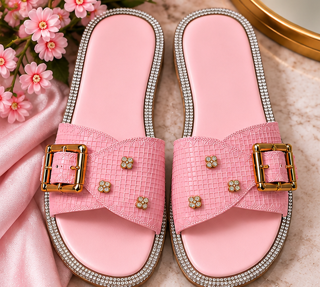 Women's Luxury Embellished Slides with Golden Buckle
