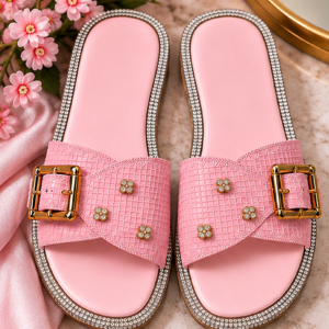 Women's Luxury Embellished Slides with Golden Buckle