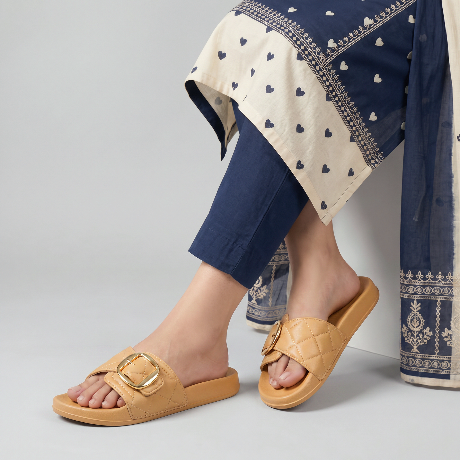 Quilted Cross-Strap Gold Buckle Slides - Image 4